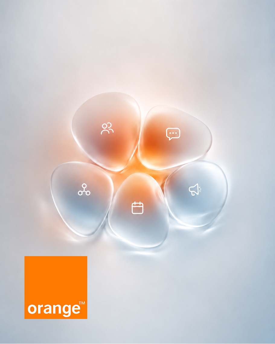 Orange Business Messenger key visual s ikonami komunikačných kanálov