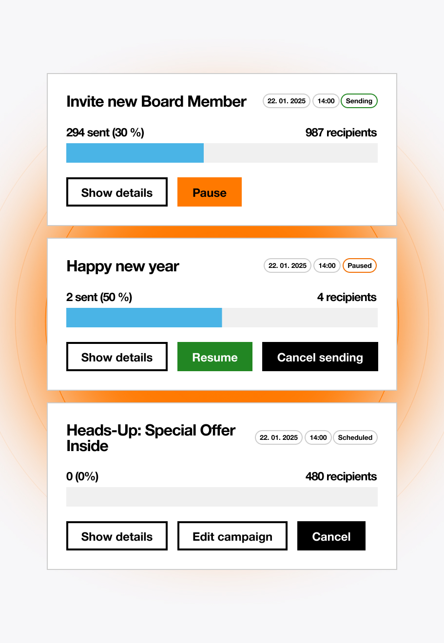 Prehľad kampaní v Orange Business Messenger so stavmi, progresom a dostupnými akciami