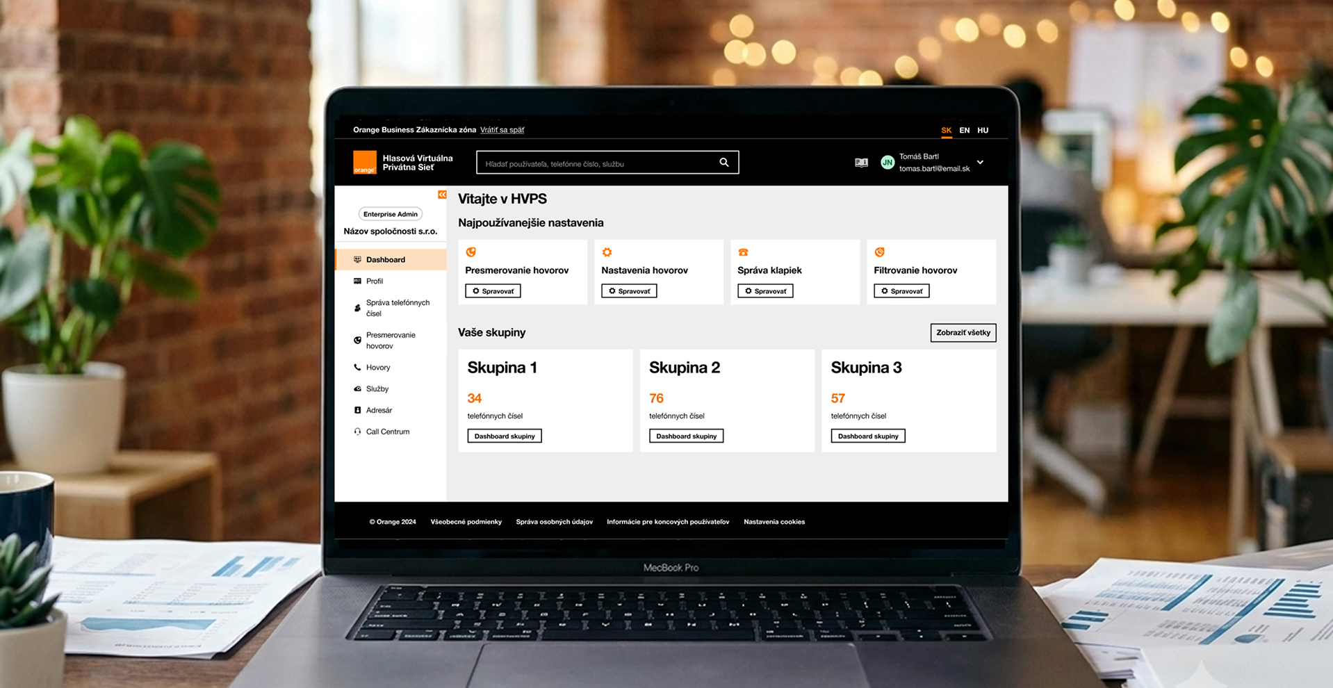 Finálny návrh Orange Business HVPS portálu zobrazený na notebooku