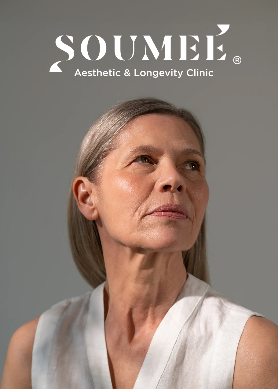 Key visual značky SOUMEÉ s portrétom ženy a nápisom Aesthetic & Longevity Clinic