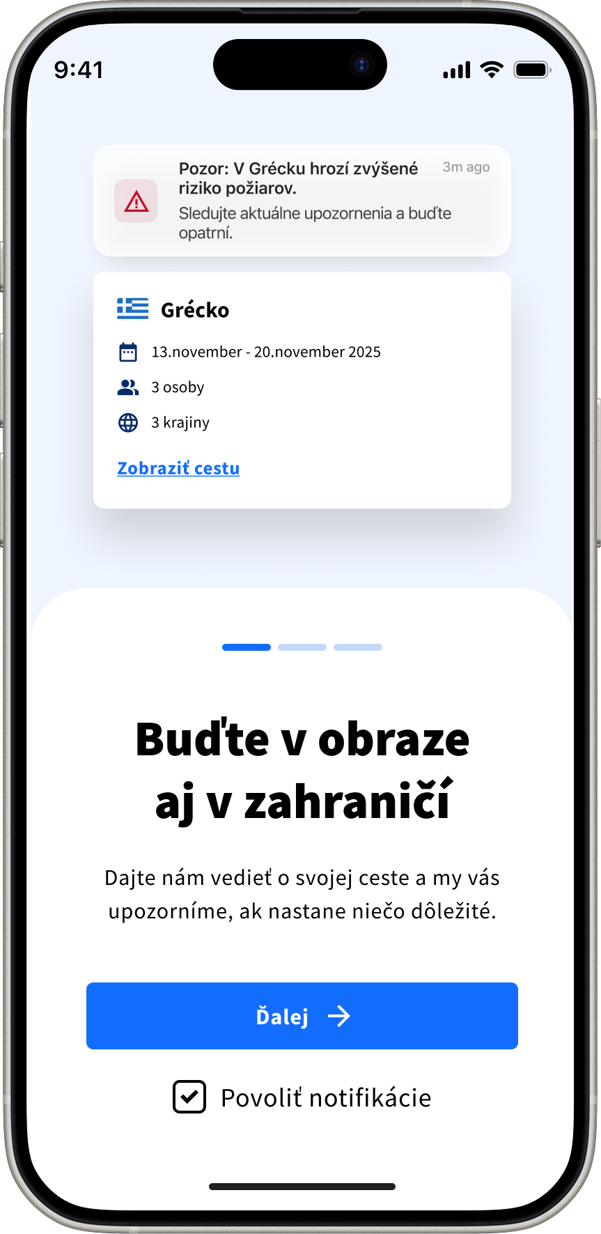 Ukážka onboarding obrazovky Svetobežky