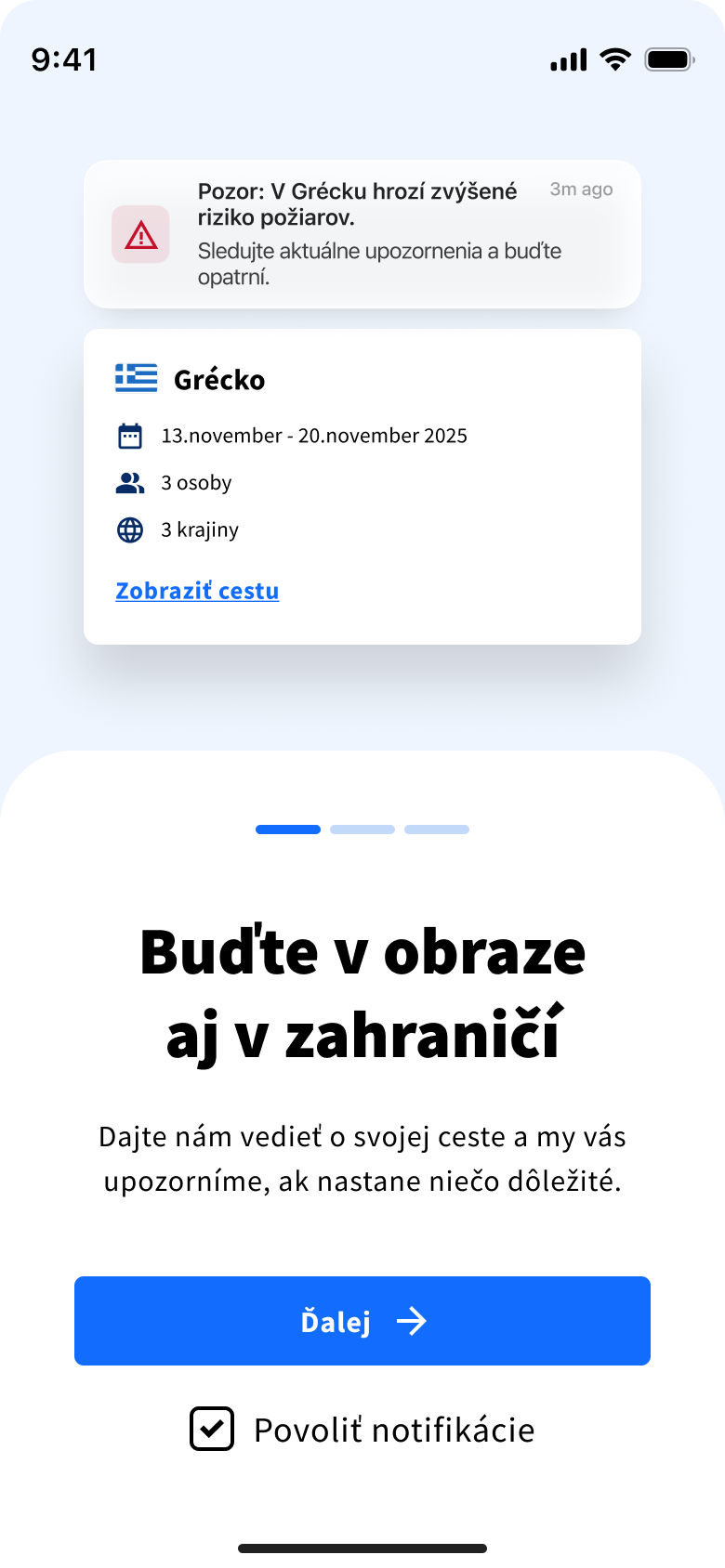 Onboarding ukážka - výber destinácie