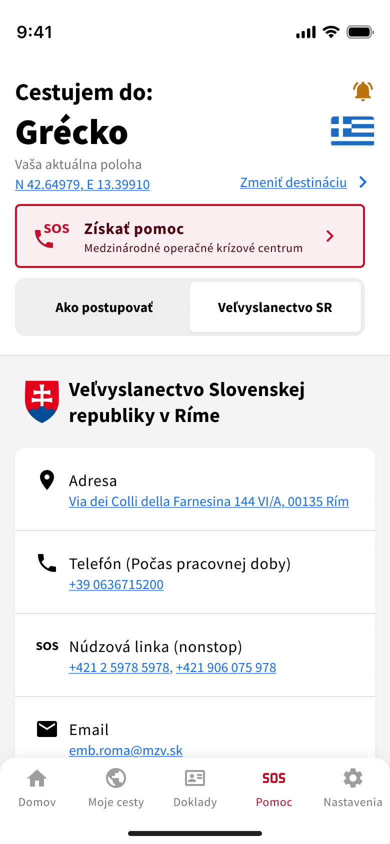 Ukážka SOS obrazovky v aplikácii Svetobežka