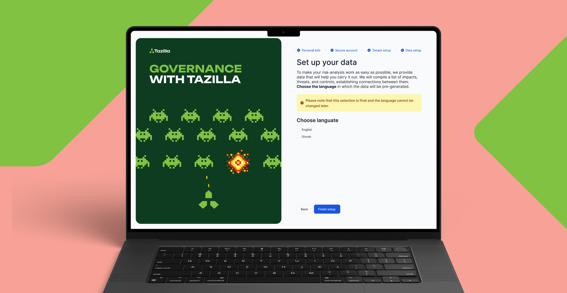 Tazilla setup obrazovka na notebooku s governance vizuálom a krokom nastavenia dát